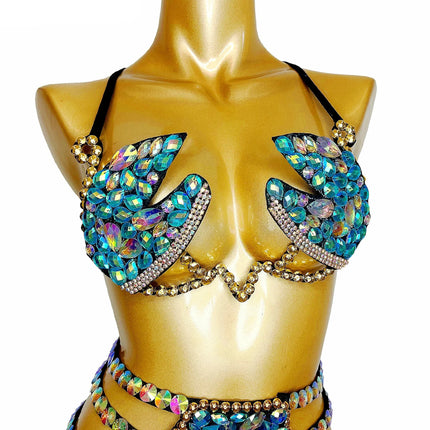 Sparkly Samba Carnival Stone Wire Bra & Bikini Bottom Set Stage Costume