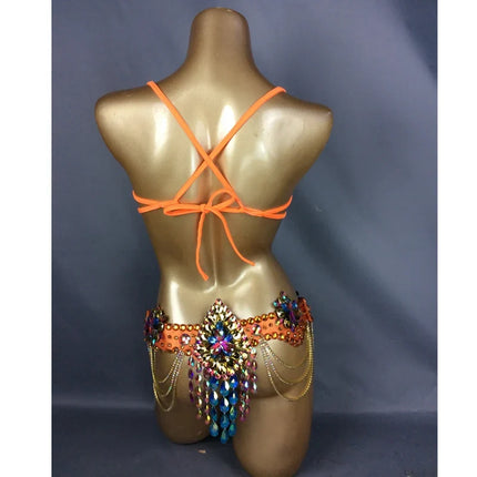 Dazzling Samba Carnival Wire Bra & Belt Rainbow Crystal Costume Set