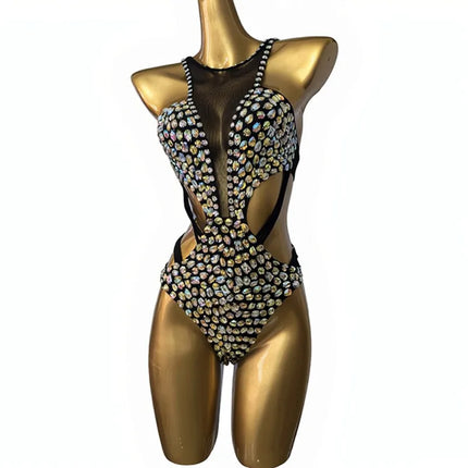 Crystal Rhinestone Mesh Backless Bodysuit Pole Dancing Stage Costume