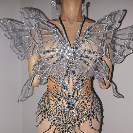 Silver Crystal Mesh 3D Butterfly Rhinestone Wings Jumpsuit