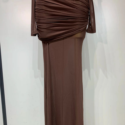 Ruched Mesh Draped Bodycon Maxi Dress Long Sleeve Illusion Evening Gown