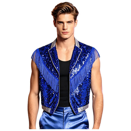 Men's Metallic Sequin Tassel Open-Front Vest Lapel Collar Sleeveless Stage Dance Waistcoat