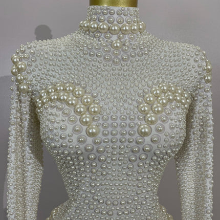 Luxury Full Pearl Long-Sleeved Stage Bodysuit Leotard Evening Performance Costume