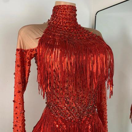 Red Rhinestones Skinny Bodysuit Women Sexy Long Sleeve Tassel Performance Singer Dance Costume Nightclub Celebrate Stage Wear