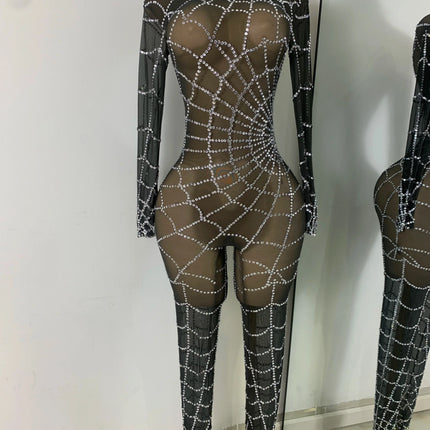 Black Spider Mesh Jumpsuit For Women Sexy Long Sleeve Performance Rompers Dance Show Stage Costume