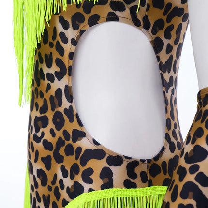 Leopard Cutout Bodysuit & Fringe Sleeves 2-Piece Latin Ballroom Stage Costume Set