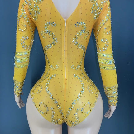 Sparkly Crystals Long-Sleeve Mesh Bodysuit Stage Performance Costume
