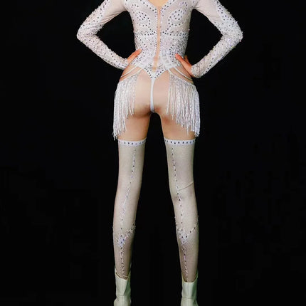 White Pearl & Crystal Rhinestone Bodysuit Sheer Mesh Leggings Illusion Stage Costume Set