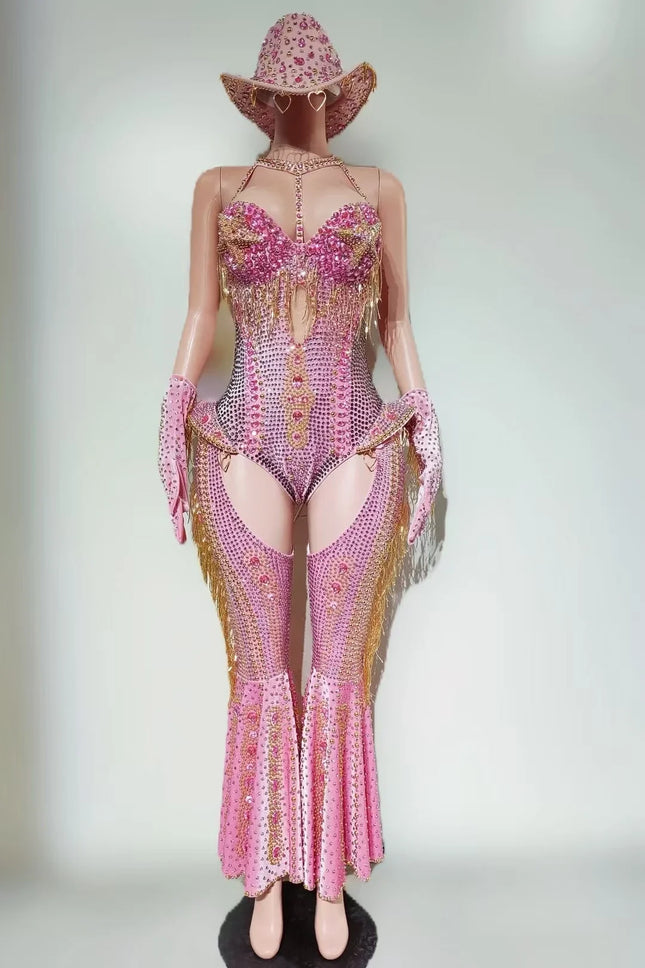Rhinestone Tassel Hollow-Out Jumpsuit & Stage Performance Dance Romper