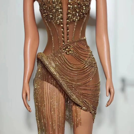 Sparkly Rhinestone & Fringe Sheer Mesh Mini Dress Stage Performance Costume