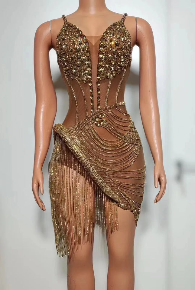 Sparkly Rhinestone & Fringe Sheer Mesh Mini Dress Stage Performance Costume