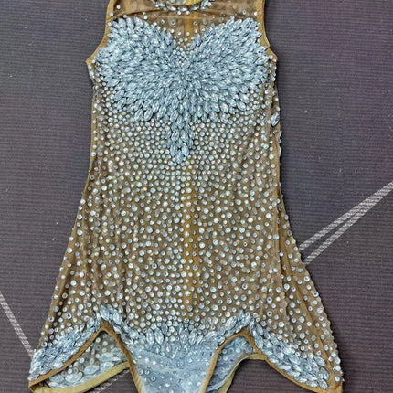Sparkly Rhinestone Sheer Mesh Bodysuit Backless Stage Costume Leotard
