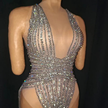 The Stardust Lumina Illusion – Silver Rhinestone & Tassel Performance Bodysuit