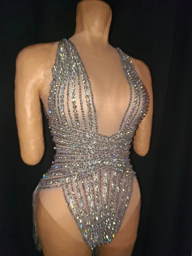 The Stardust Lumina Illusion – Silver Rhinestone & Tassel Performance Bodysuit