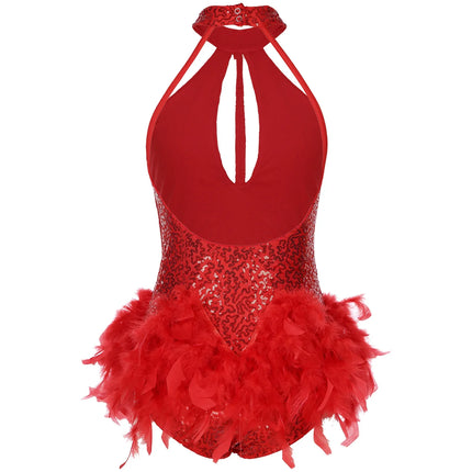 The Stardust Empress Royale – Sequined & Feathered Latin Dance Leotard Dress