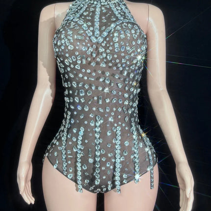 Silver Crystal Halter Illusion Bodysuit Sparkly Backless Rhinestone Stage Leotard
