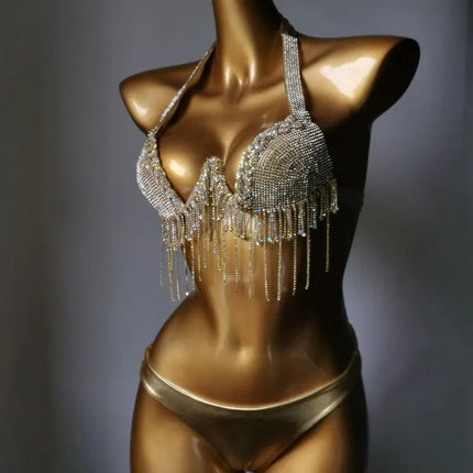 High-Fashion Crystal Mesh Bikini Set – Dazzling Rhinestone Bling Swimsuit & Showgirl Swimwear for Stage Performances & Raves