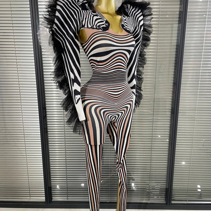 Zebra Print Illusion Catsuit & Feather Wing Bolero Jacket 2-Piece Stage Costume Set