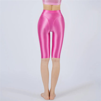 Oil Glossy High-Stretch Knee-Length Shorts Satin Shine Performance Biker Shorts