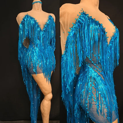 Sparkly Blue Rhinestone & Tassel Sheer Mesh Mini Dress Stage Costume