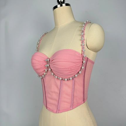 Pearl & Rhinestone Embroidered Bustier Corset Crop Top High Street Bralette