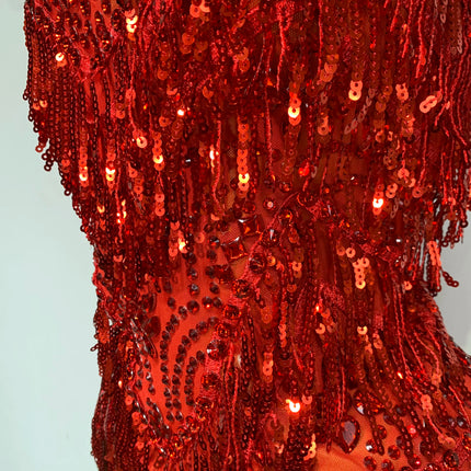 Sparkly Rhinestone Tassel Backless Mesh Bodysuit Luxury Stage Performance Costume