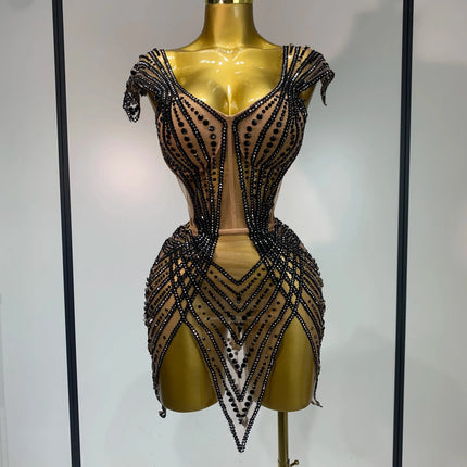 Sparkly Rhinestone Mesh Strapless Mini Dress Evening Stage Performance Outfit
