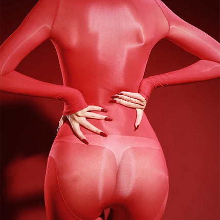 Oil Glossy High-Stretch Sheer Full-Length Bodysuit Thong Catsuit Jumpsuit