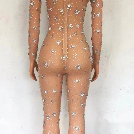 Sparkling Full Crystal Illusion Jumpsuit Long Sleeve Rhinestone Catsuit Stage Wear