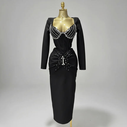 Elegant Square Neck Crystal Embroidered Bandage Ankle-Length Evening Gown