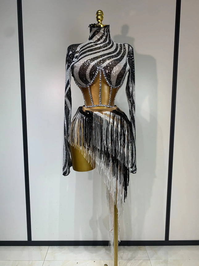 Sequined Long-Sleeve Diamond Top & Asymmetric Fringe Skirt 2-Piece Latin Dance Costume Set