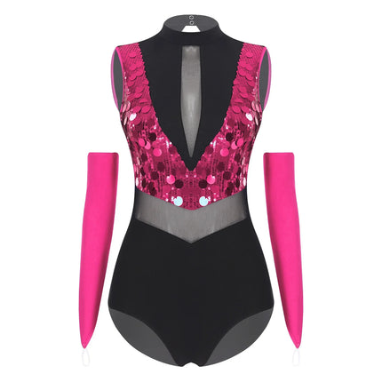 Sparkly Sequin Mock Neck Dance Leotard & Gloves Two-Piece Bodysuit Set