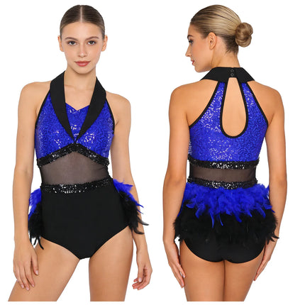 Women's Shiny Sequin Sheer Mesh Feather Latin Jazz Dance Bodysuit