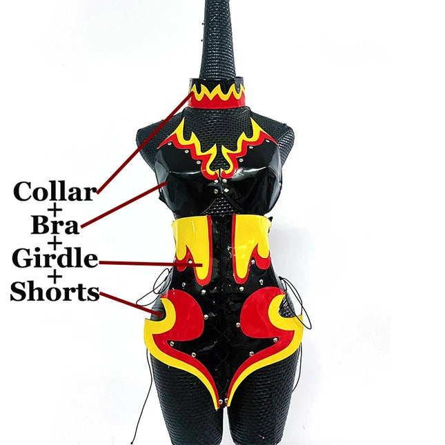 PU Leather Flame Bikini, Collar & Harness Shorts 3-Piece Gogo Performance Costume Set