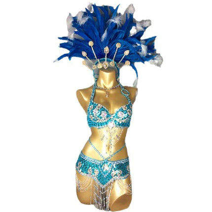 The Stardust Azure Goddess – Handmade Turquoise Feathered Samba & Belly Dance Costume Set