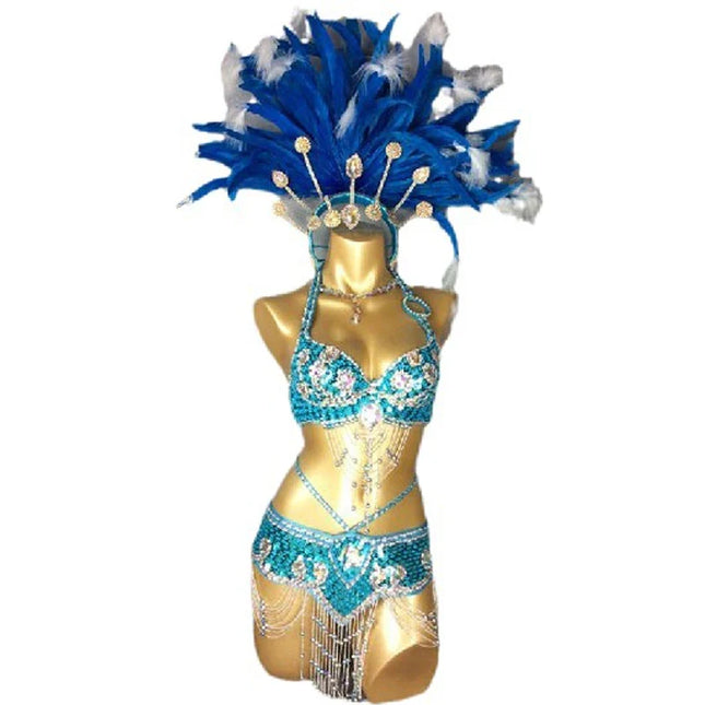 The Stardust Azure Goddess – Handmade Turquoise Feathered Samba & Belly Dance Costume Set