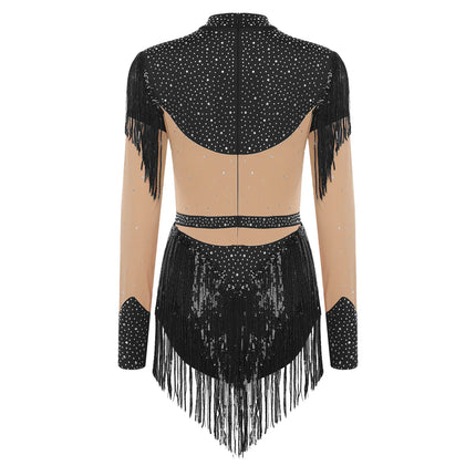 Rhinestone Sequin Tassel Long Sleeve Dance Jumpsuit Bodysuit