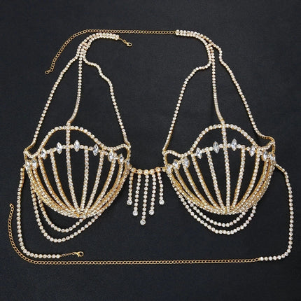 Luxury Crystal Swirl Micro Bikini Body Chain – Shimmering Rhinestone Tassel Bra & Exotic Chest Harness for Festivals, Raves & Clubwear
