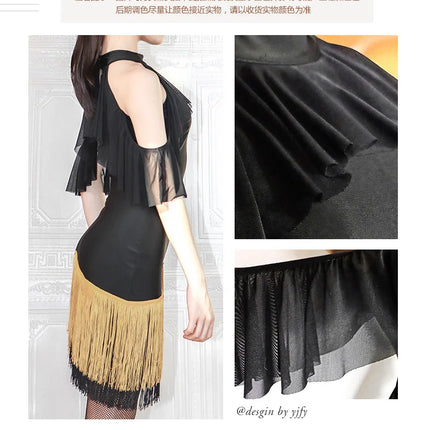 Black High-Neck Short-Sleeve Bodysuit & Gold Fringe Skirt Latin Dance Costume Set