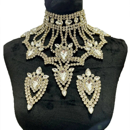 Oversized Glass Gemstone Choker Necklace & Earrings Drag Queen Stage Jewelry Set