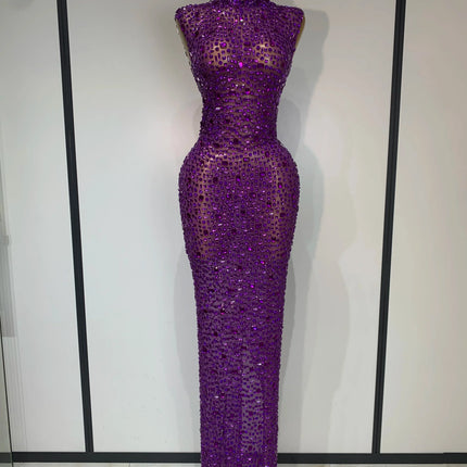 Sparkly Rhinestone Sleeveless Maxi Long Dress See-Through Sheer Mesh Stage Outfit