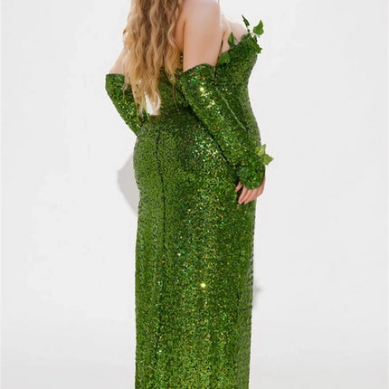 Deluxe Poison Ivy Green Sequin Maxi Gown & Glove Set 3-Piece Halloween Cosplay Costume