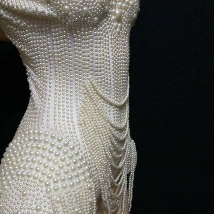 The Stardust Pearl Cascade Bodysuit – Luxury Beaded Tassel Showgirl Costume