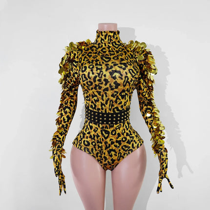 Vintage-Inspired Leopard Print Shiny Rhinestone Sequin Leotard
