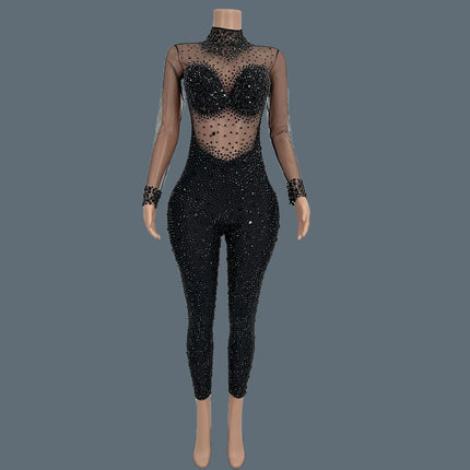 Sparkly Crystal Mesh Sheer Illusion Jumpsuit Stage Catsuit Costume