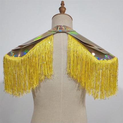 Metallic Laser Fringe Shoulder Armor & Tassel Vest Stage Costume