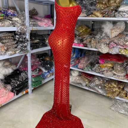 Crimson Red Rhinestone Sweetheart Slit Gown Floor-Length Trailing Evening Dress
