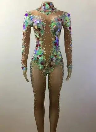 Mermaid Scale Sequin & Crystal Catsuit Illusion Mesh Long-Sleeve Jumpsuit Stage Costume