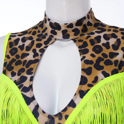 Leopard Cutout Bodysuit & Fringe Sleeves 2-Piece Latin Ballroom Stage Costume Set