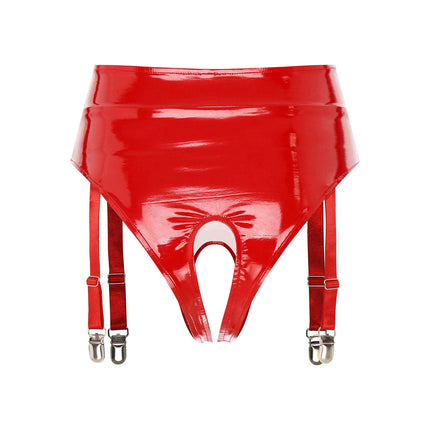High-Waist Patent Leather Crotchless Thong & Garter Clip Lingerie